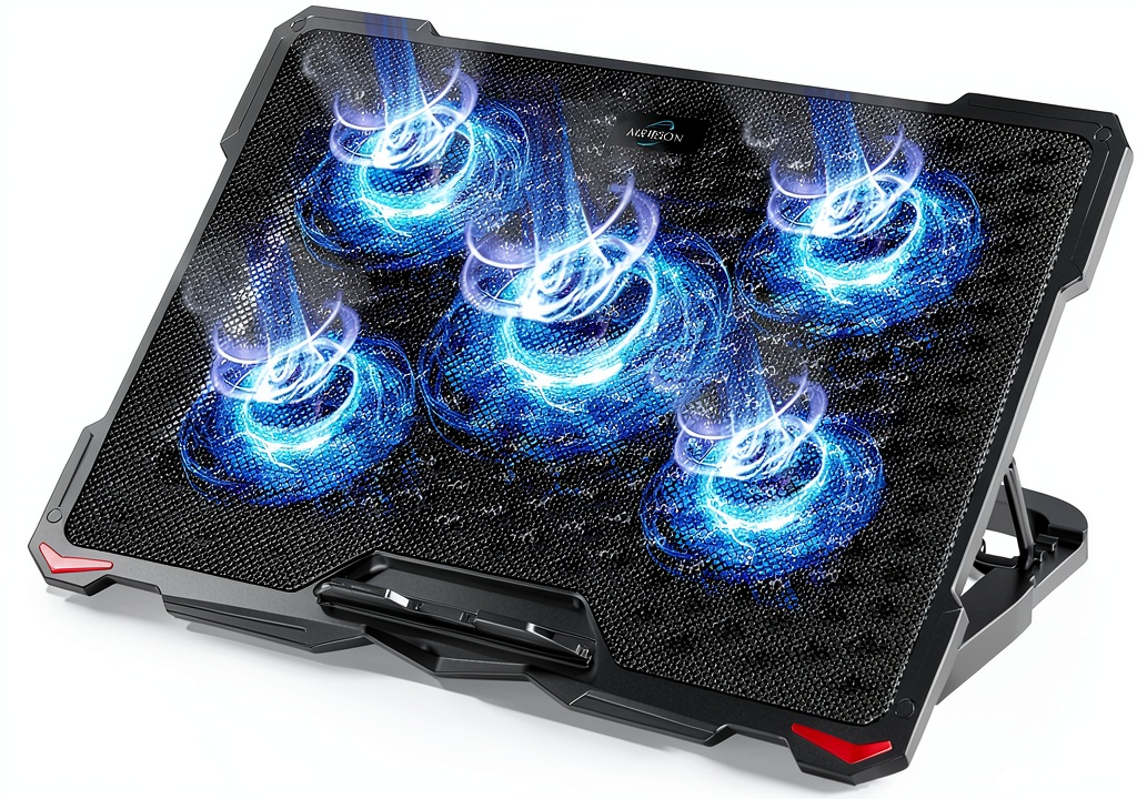 AICHESON S035 laptop cooling pad on a wooden desk with laptop attached