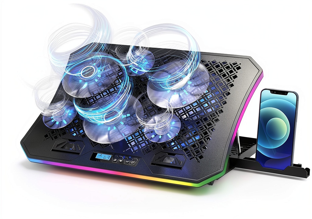 KeiBn RGB laptop cooling pad on a modern desk with gaming laptop