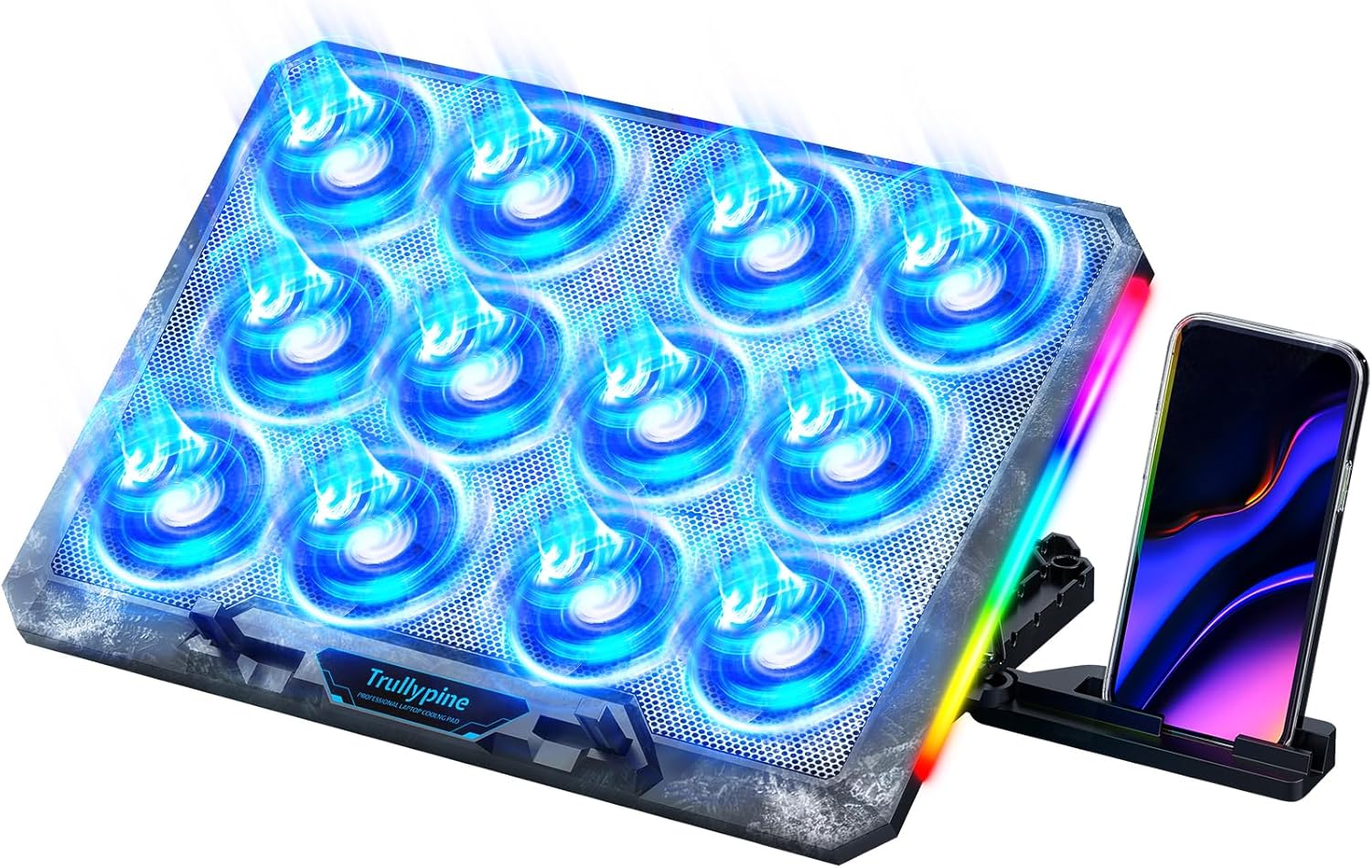 Trullypine laptop cooling pad with LED lights on a desk