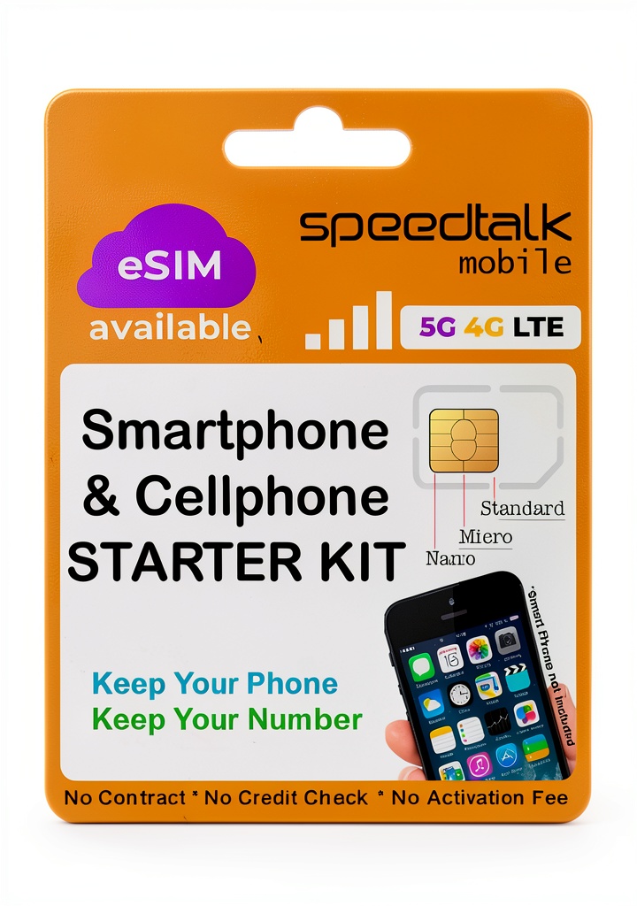 SpeedTalk Mobile SIM Kit displayed with phone and eSIM QR code